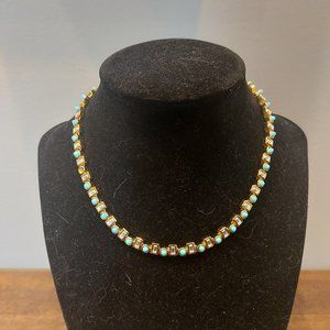 Vintage Gold Toned Teal and Faux Diamond Necklace - Broken
